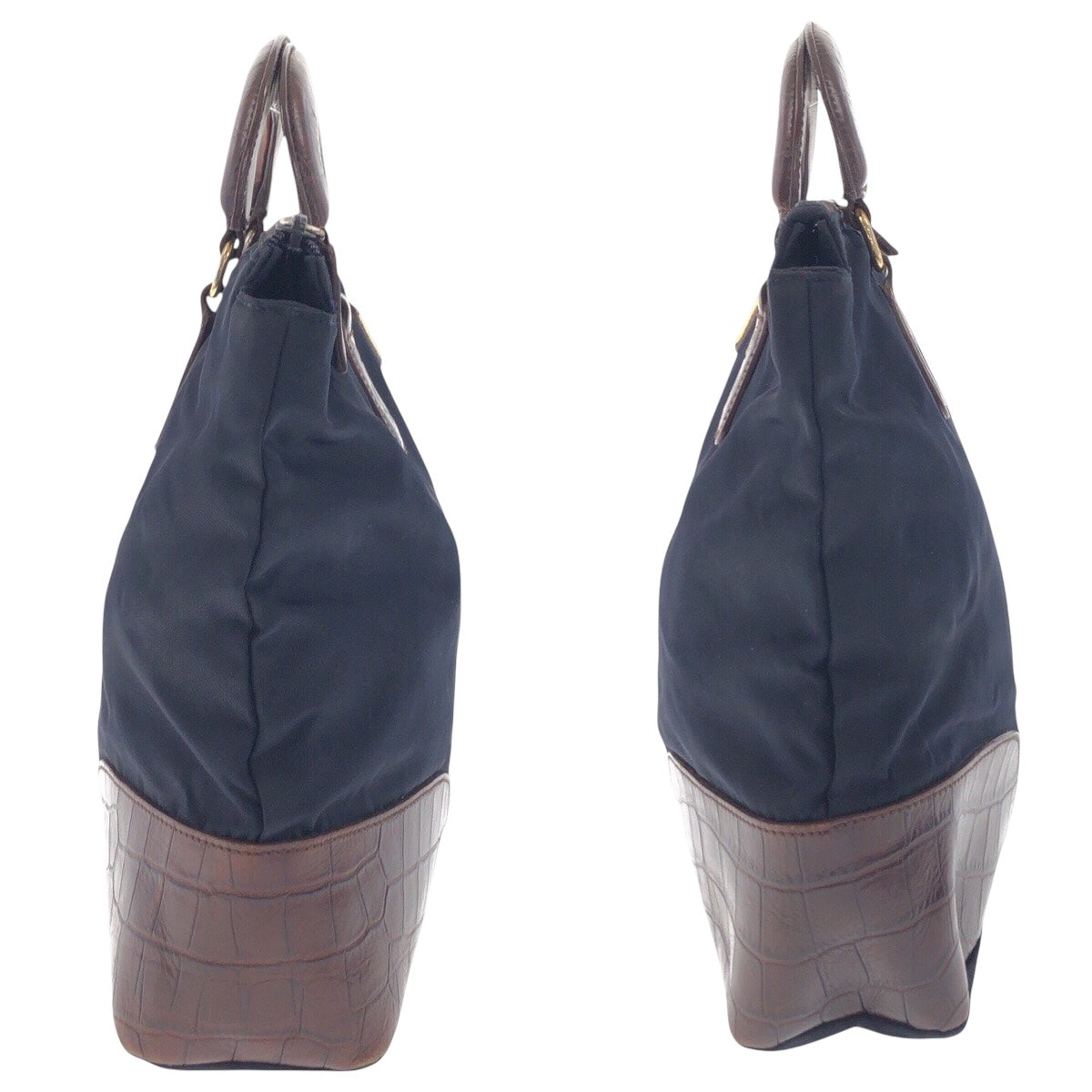 PRADA Tote Bag Nylon, Leather Navy Brown Gold Metal Tote Bag handbag Tessuto embossed Triangle With logo Women Used Authentic