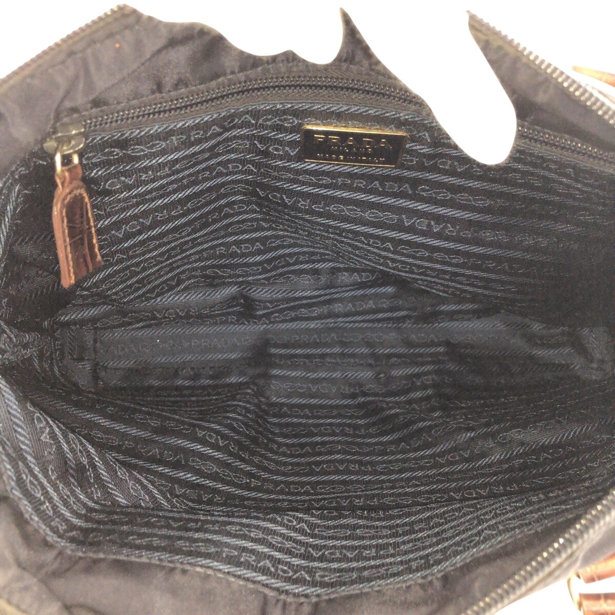 PRADA Tote Bag Nylon, Leather Navy Brown Gold Metal Tote Bag handbag Tessuto embossed Triangle With logo Women Used Authentic