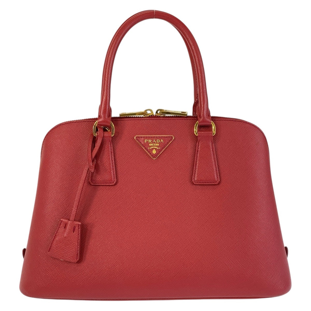 PRADA Handbag leather Red Gold Metal Handbag Safiano Promenade triangleWith logo Women Used Authentic