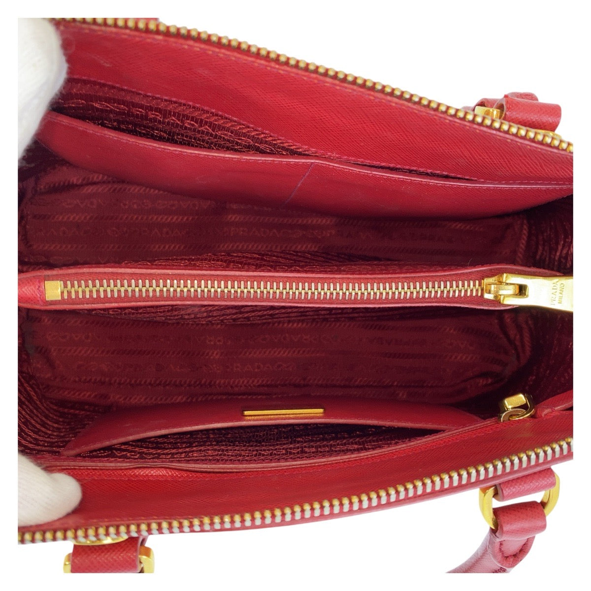 PRADA Handbag leather Red Gold Metal Handbag Safiano Promenade triangleWith logo Women Used Authentic