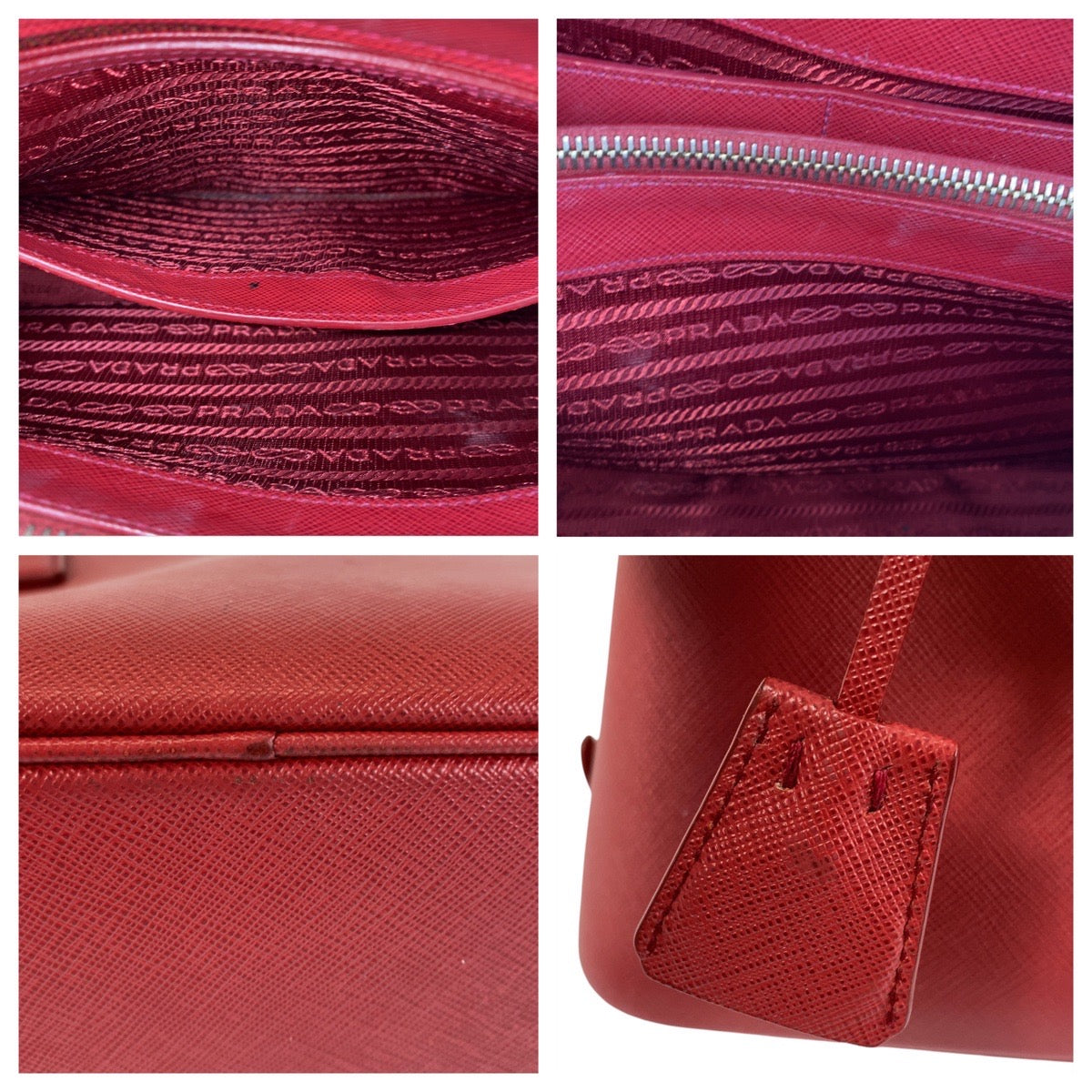 PRADA Handbag leather Red Gold Metal Handbag Safiano Promenade triangleWith logo Women Used Authentic