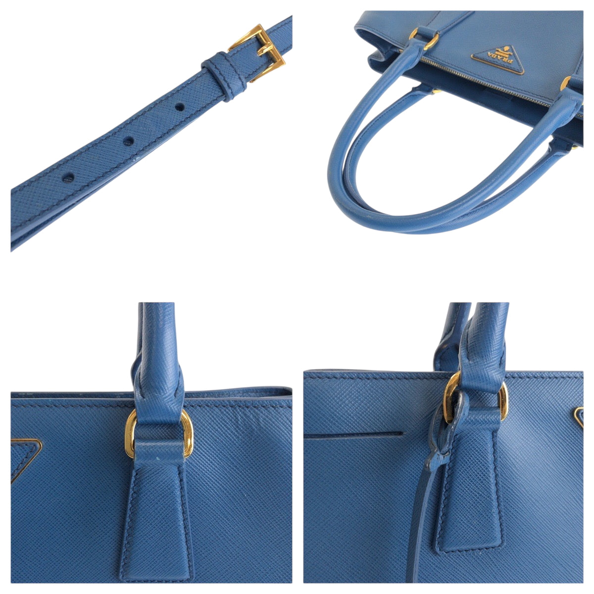 PRADA Tote Bag leather Blue GoldMetal Tote Bag Shoulder Bag Handbag 2way Safiano Galleria TriangleWith logo Women Used Authentic