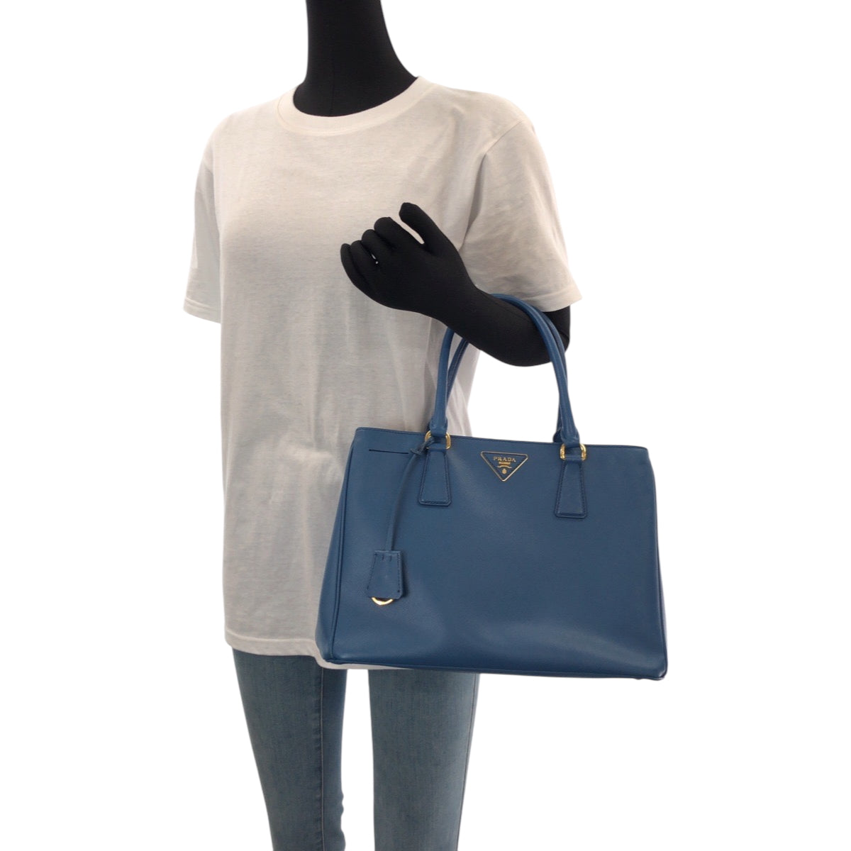 PRADA Tote Bag leather Blue GoldMetal Tote Bag Shoulder Bag Handbag 2way Safiano Galleria TriangleWith logo Women Used Authentic