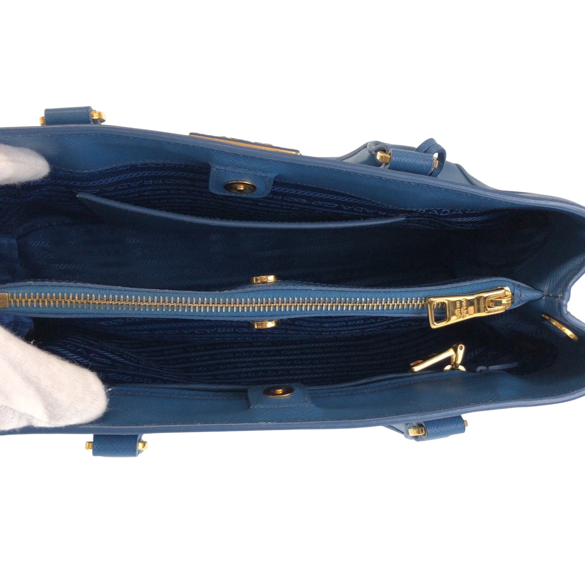 PRADA Tote Bag leather Blue GoldMetal Tote Bag Shoulder Bag Handbag 2way Safiano Galleria TriangleWith logo Women Used Authentic