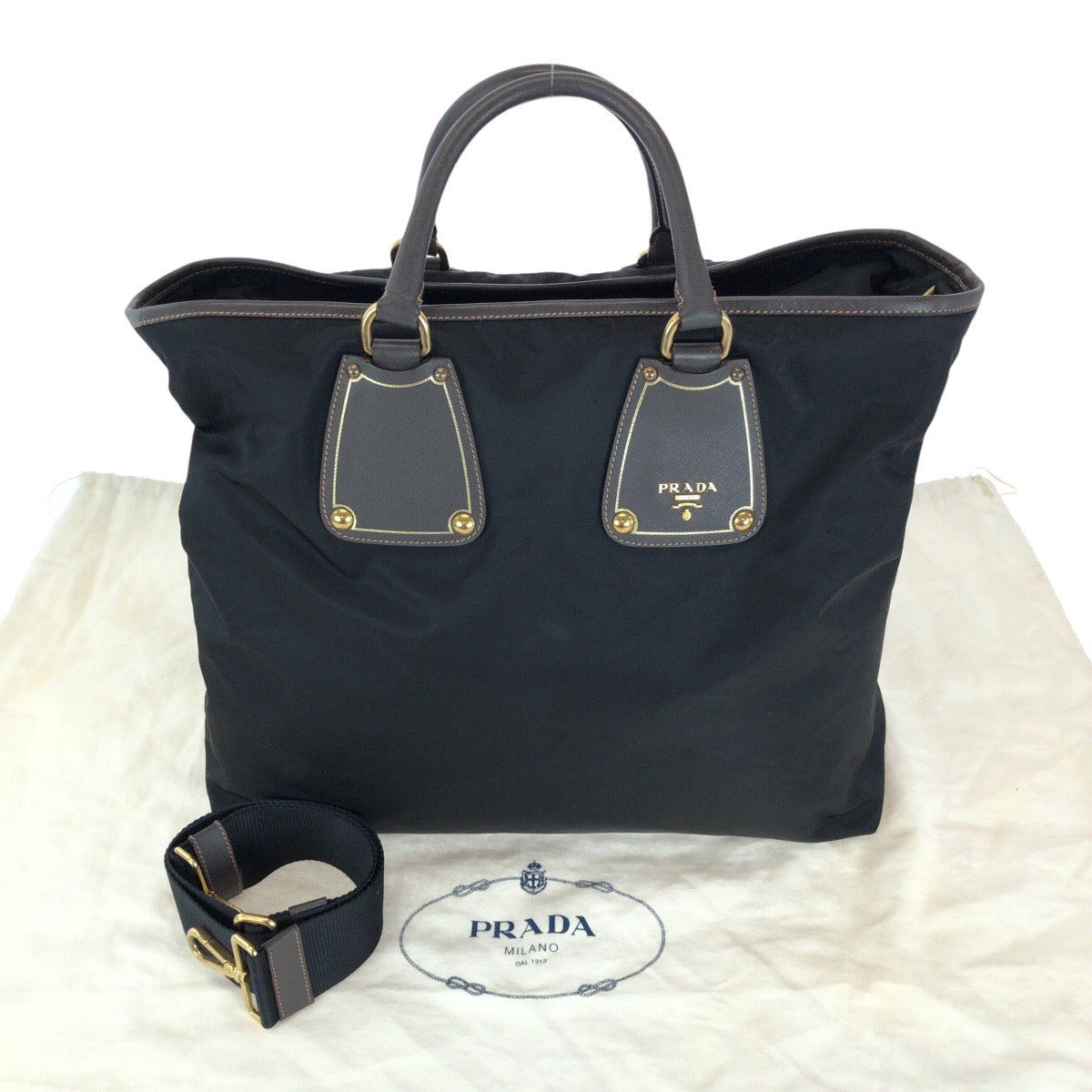 PRADA Tote Bag Nylon, Leather Black Gold Metal Tote Bag Shoulder Bag 2way Testo Saffiano mens Used Authentic