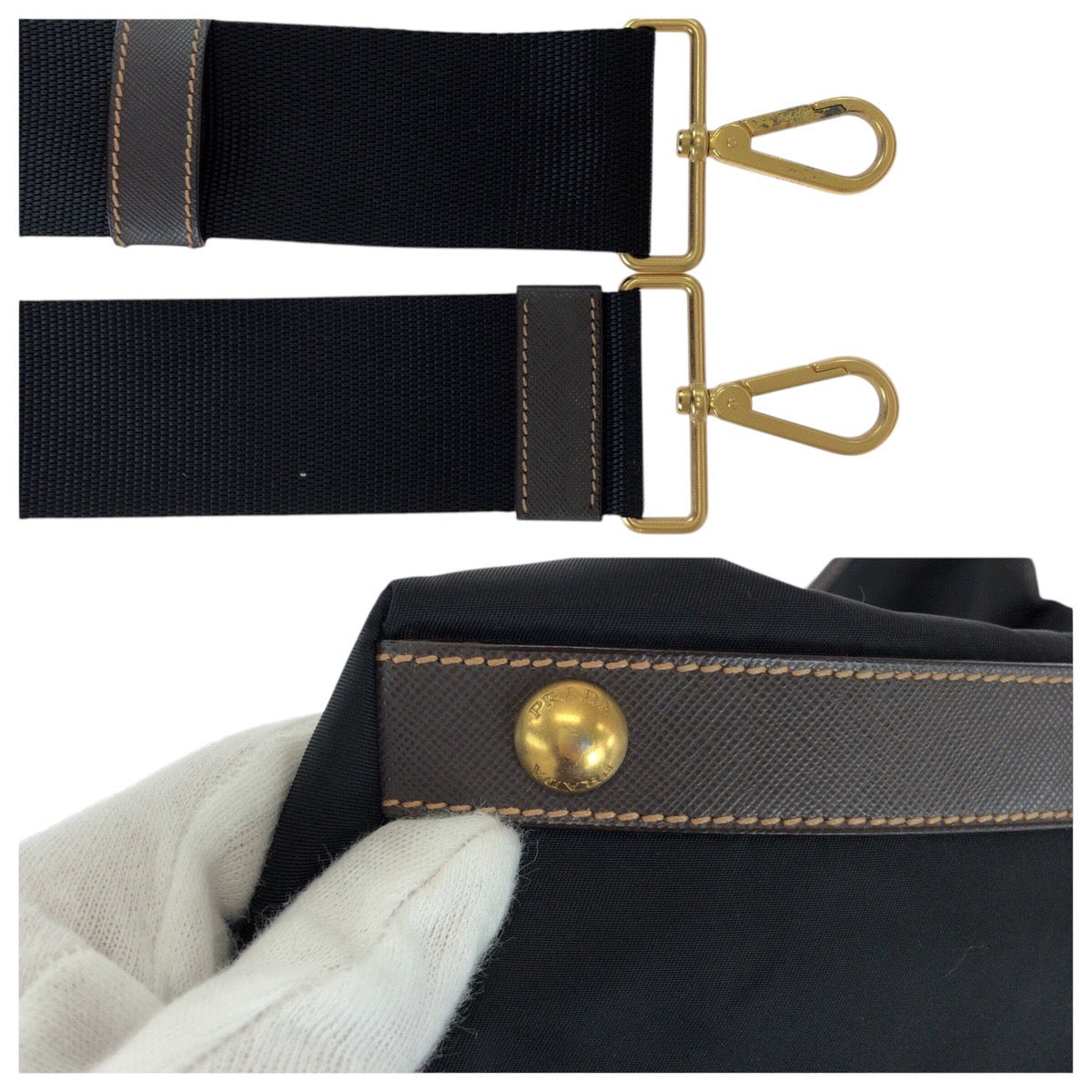 PRADA Tote Bag Nylon, Leather Black Gold Metal Tote Bag Shoulder Bag 2way Testo Saffiano mens Used Authentic