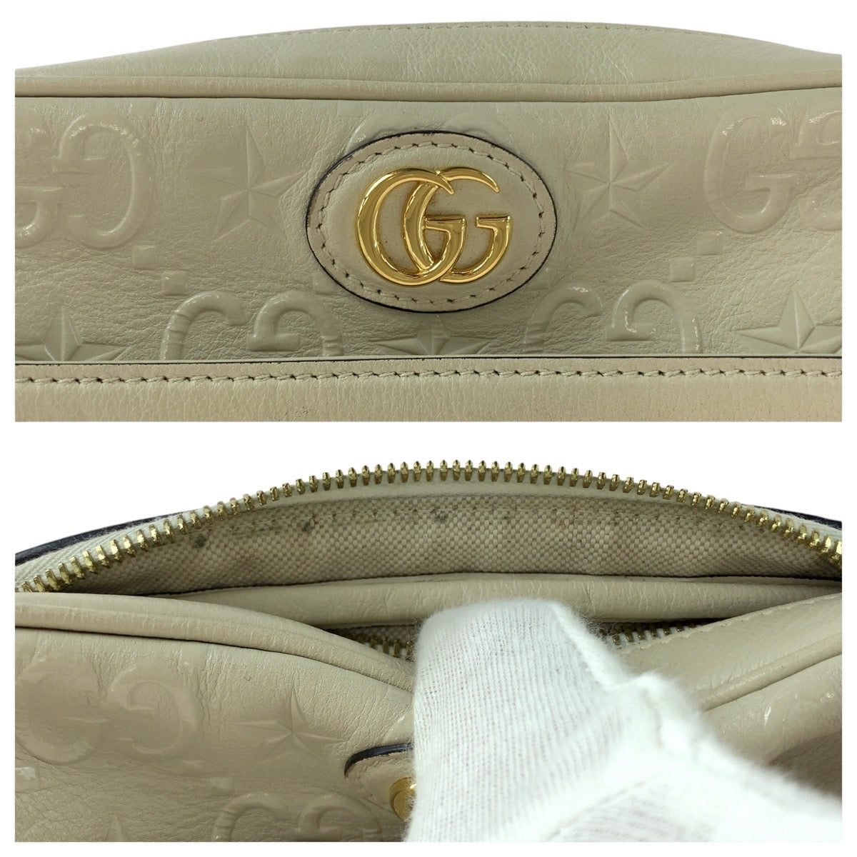 GUCCI Shoulder Bag 675776 leather White Cream Gold Metal GG star