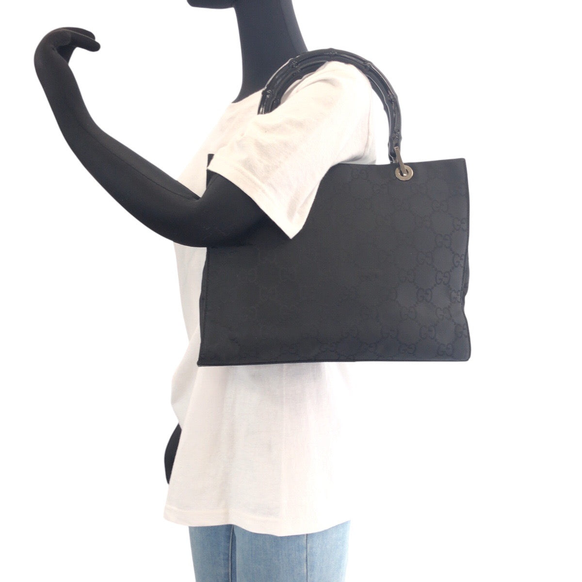 GUCCI Tote Bag 002 1016 GG canvas Black SilverMetal Tote Bag Shoulder Bag Bamboo Women Used Authentic