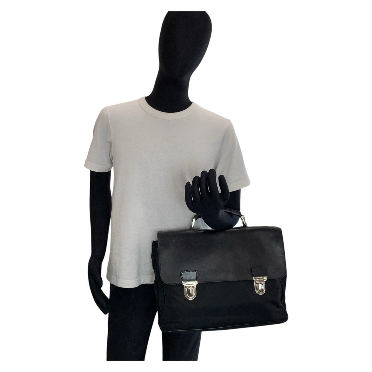 PRADA Business bag Nylon, Leather Black SilverMetal Business bag briefcase Test mens Used Authentic