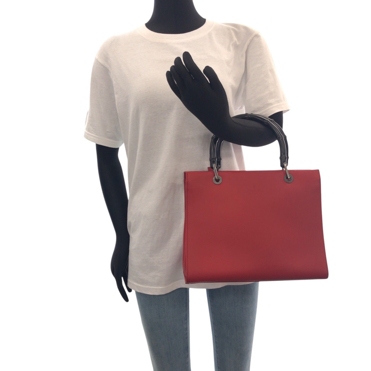 GUCCI Tote Bag 012 1016 leather Red black Tote Bag Shoulder Bag 2WAY Bamboo Women Used Authentic