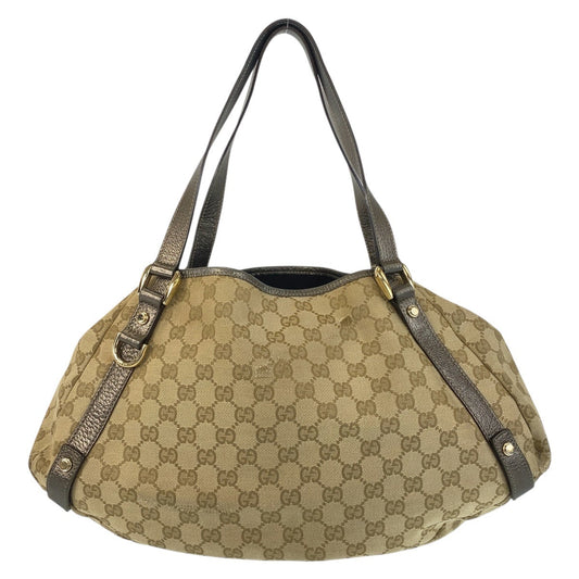 GUCCI Tote Bag 130736 GG canvas, leather Beige Gold Metal Tote Bag Shoulder Bag Abbey Women Used Authentic