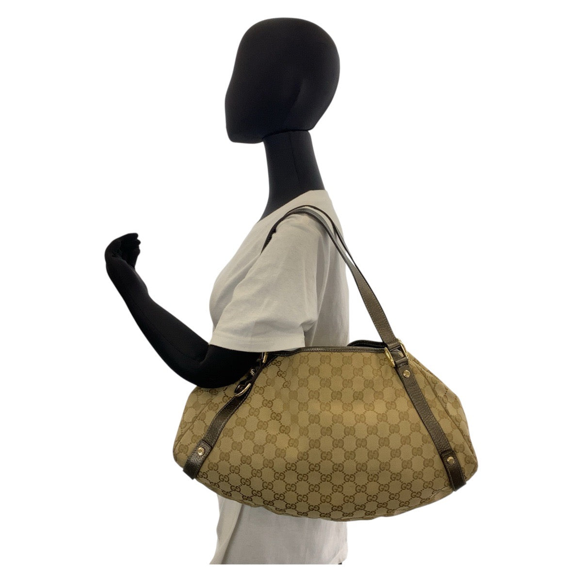 GUCCI Tote Bag 130736 GG canvas, leather Beige Gold Metal Tote Bag Shoulder Bag Abbey Women Used Authentic