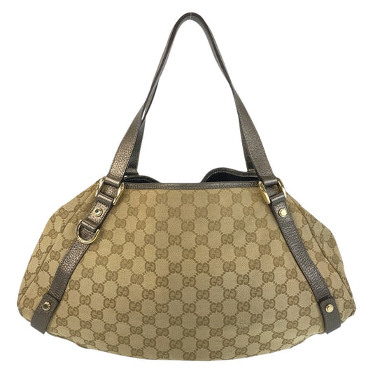 GUCCI Tote Bag 130736 GG canvas, leather Beige Gold Metal Tote Bag Shoulder Bag Abbey Women Used Authentic