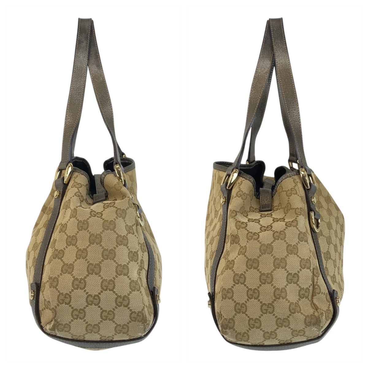 GUCCI Tote Bag 130736 GG canvas, leather Beige Gold Metal Tote Bag Shoulder Bag Abbey Women Used Authentic