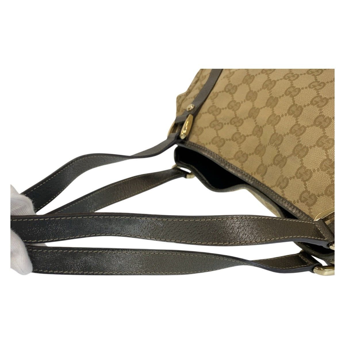 GUCCI Tote Bag 130736 GG canvas, leather Beige Gold Metal Tote Bag Shoulder Bag Abbey Women Used Authentic