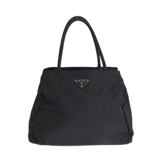 PRADA Tote Bag Nylon Black SilverMetal Tote Bag Shoulder Bag Test Triangle With logo Women Used Authentic