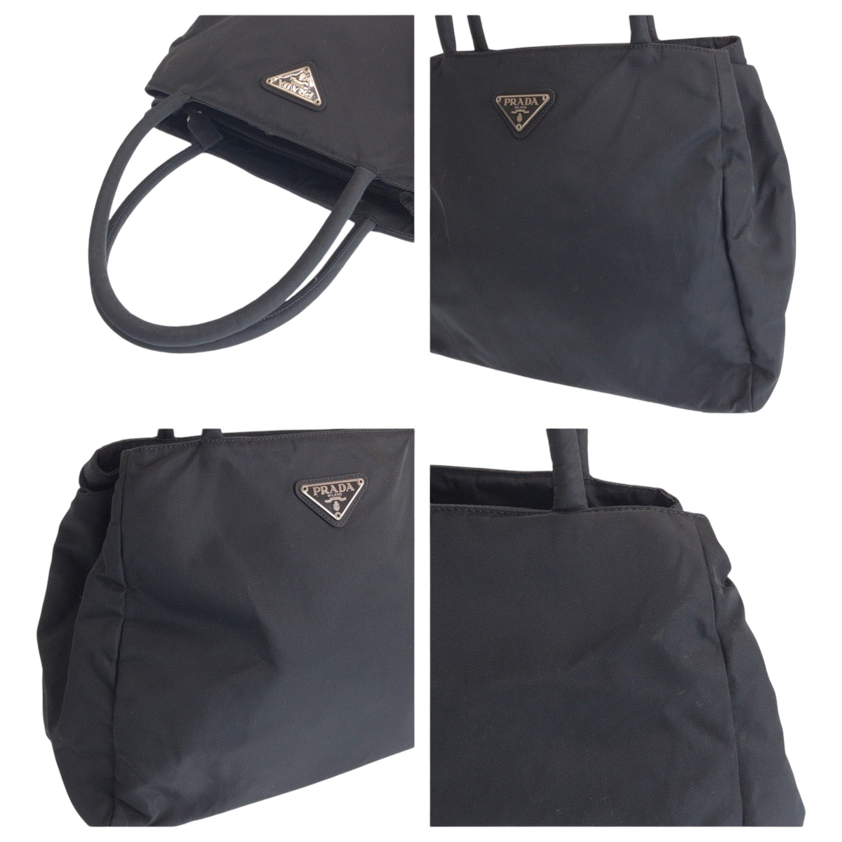PRADA Tote Bag Nylon Black SilverMetal Tote Bag Shoulder Bag Test Triangle With logo Women Used Authentic