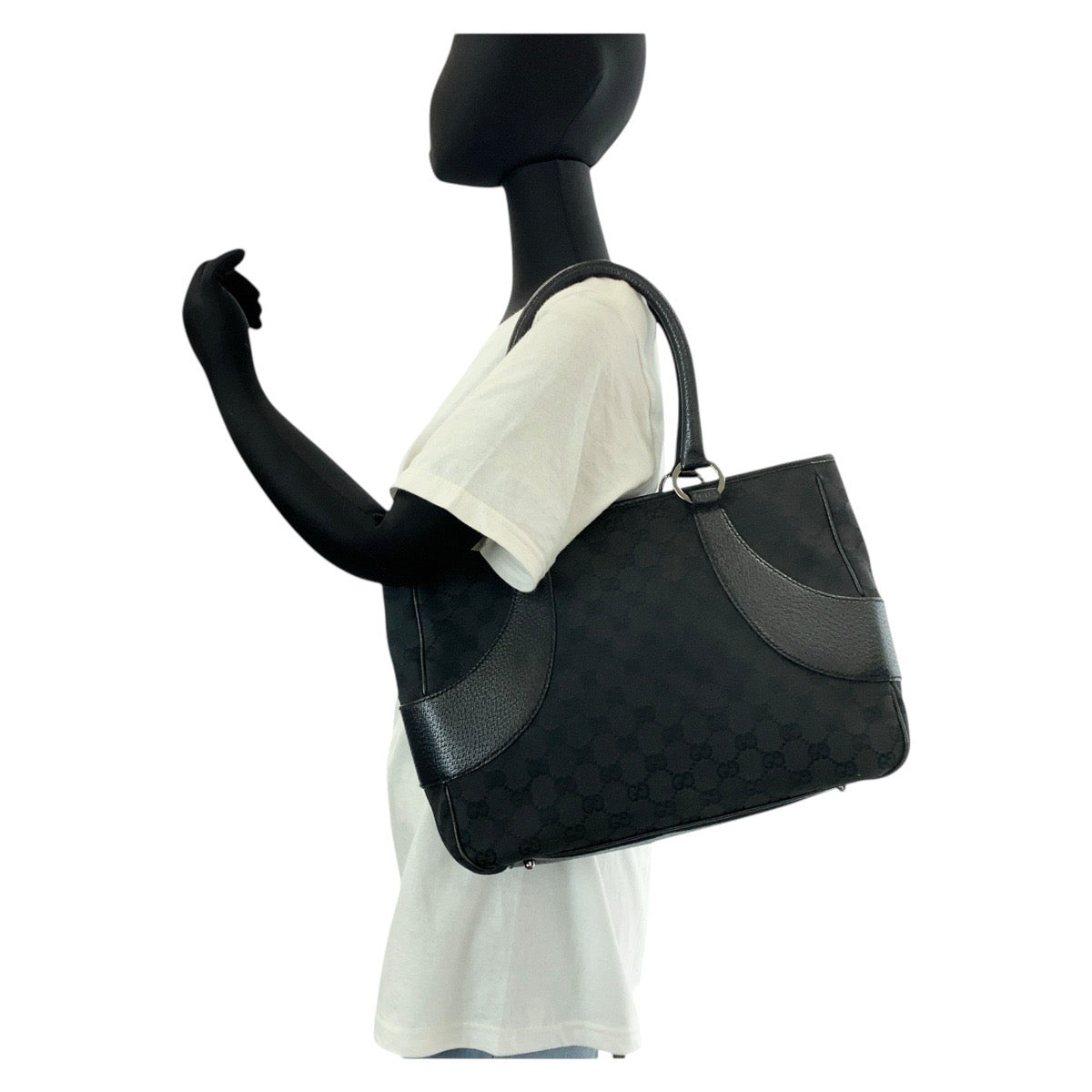 GUCCI Tote Bag 113011 GG canvas, leather Black black Tote Bag Shoulder Bag Women Used Authentic