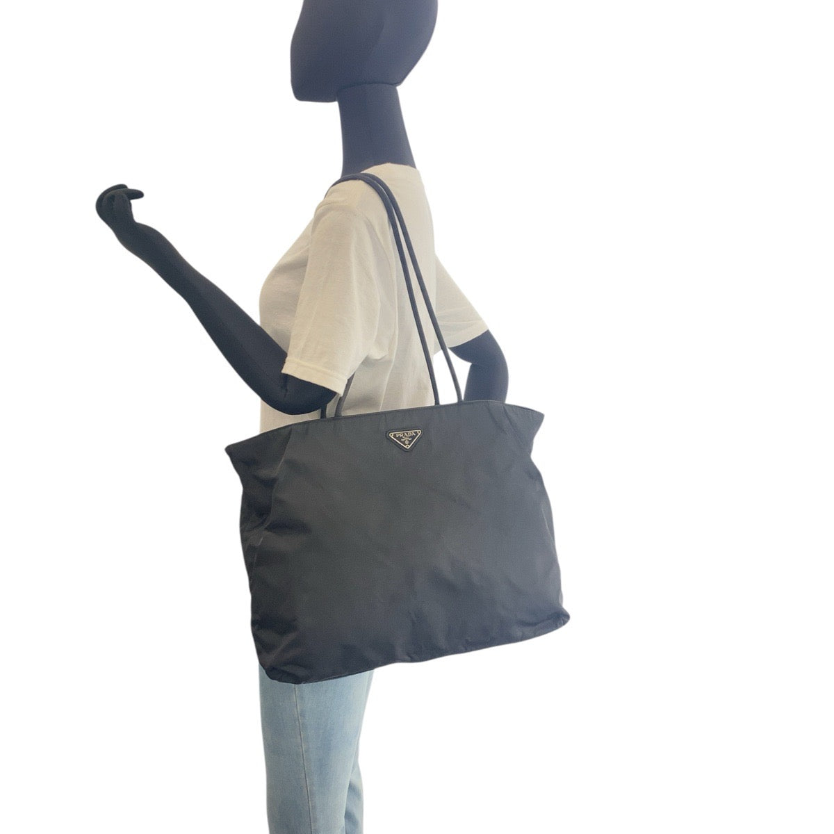 PRADA Shoulder Bag Nylon Black SilverMetal Shoulder Bag Tote Bag Test Triangle With logo Women Used Authentic