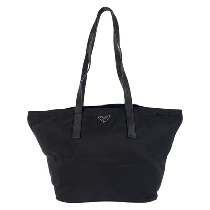 PRADA Tote Bag Nylon Black SilverMetal Tote Bag Shoulder Bag Test Triangle With logo Women Used Authentic