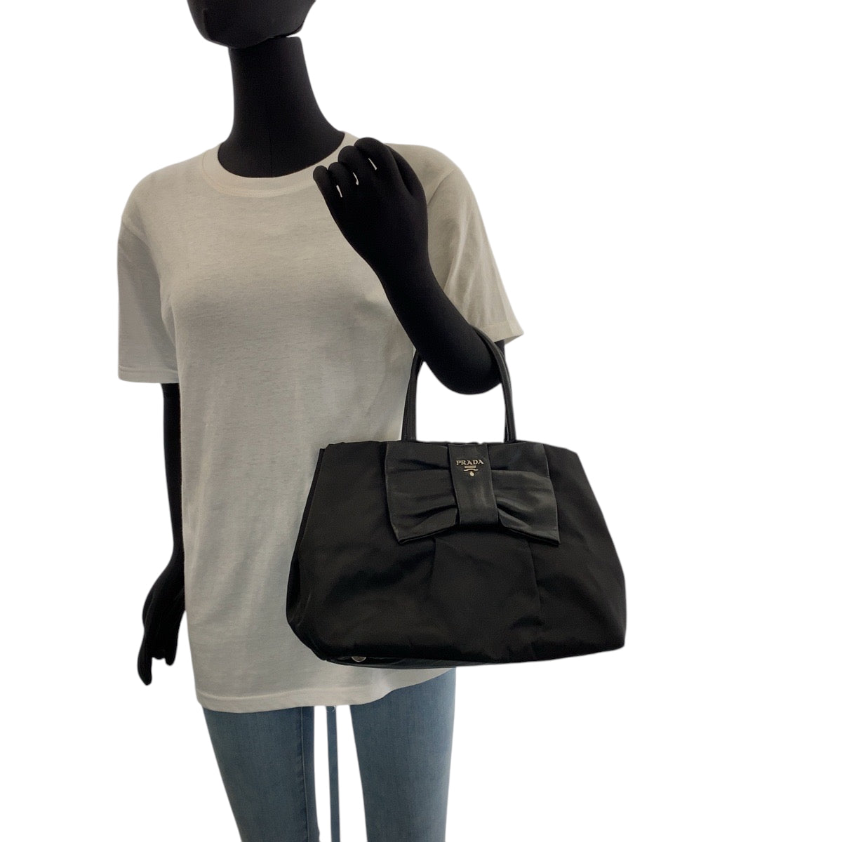 PRADA Tote Bag BN1601 Nylon Black SilverMetal Tote Bag handbag Test Ribbon TriangleWith logo Women Used Authentic