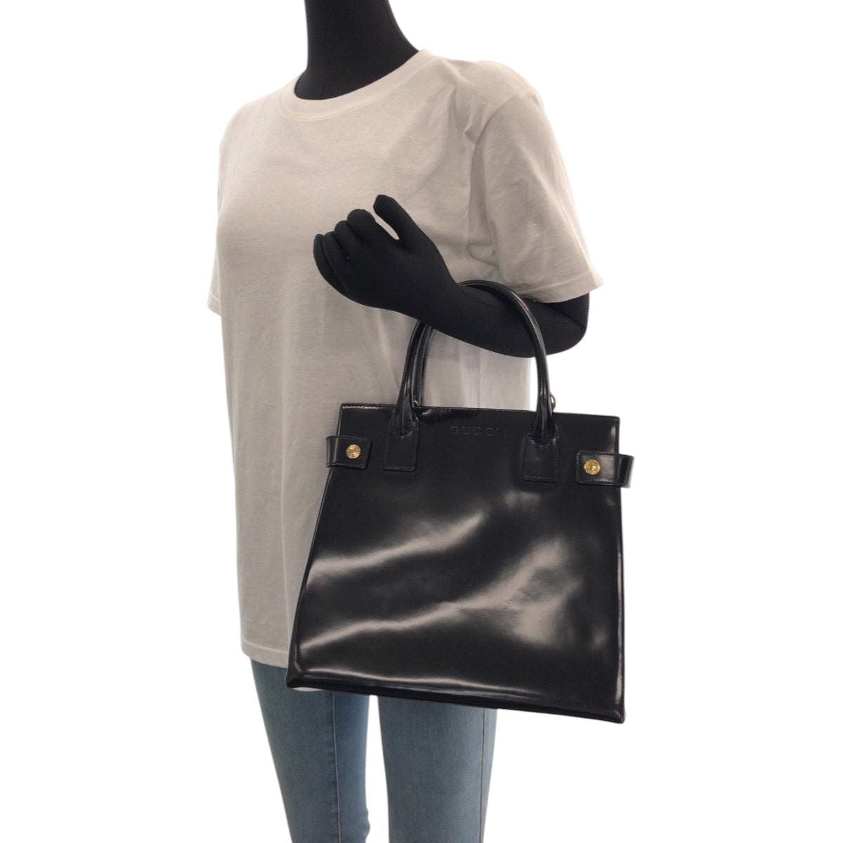 GUCCI Tote Bag 000 1669 0503 enamel Black GoldMetal Tote Bag handbag Women Used Authentic