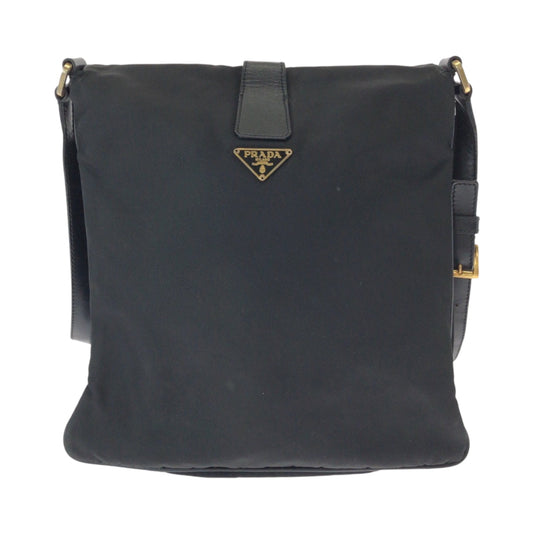 PRADA Shoulder Bag Nylon Black GoldMetal Shoulder Bag pochette Test Triangle With logo Women Used Authentic