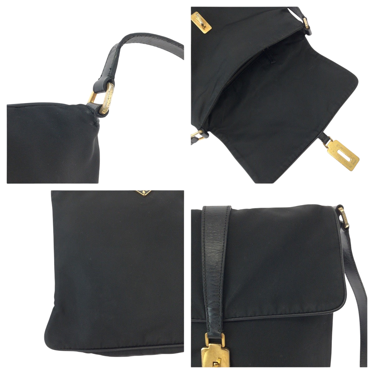 PRADA Shoulder Bag Nylon Black GoldMetal Shoulder Bag pochette Test Triangle With logo Women Used Authentic