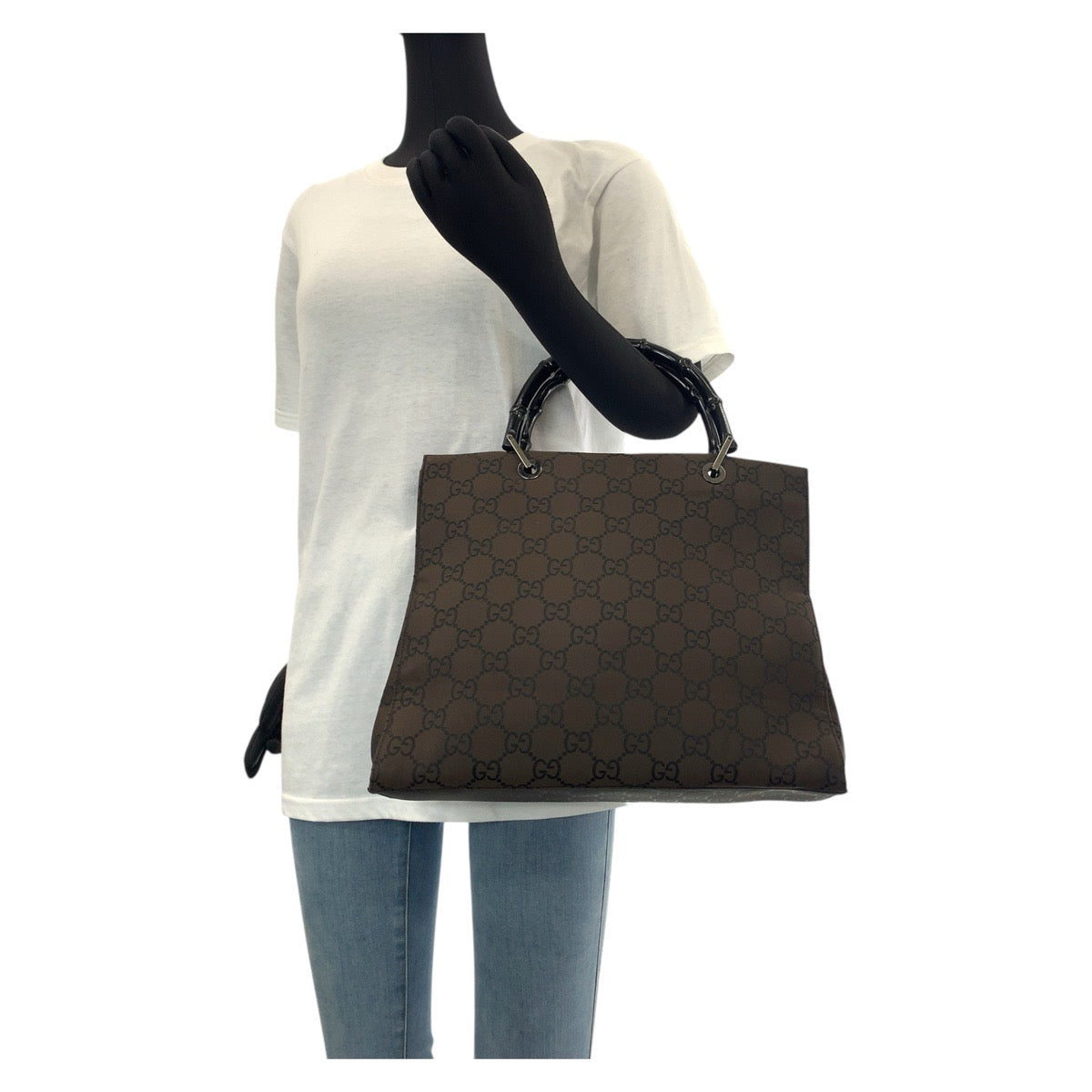GUCCI Tote Bag 002 1010 GG canvas Brown Silver Metal Tote Bag handbag Bamboo Jumbo GG Women Used Authentic