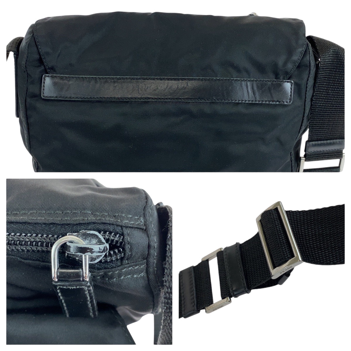PRADA Shoulder Bag Nylon Black SilverMetal Shoulder Bag pochette Test Triangle With logo Women Used Authentic