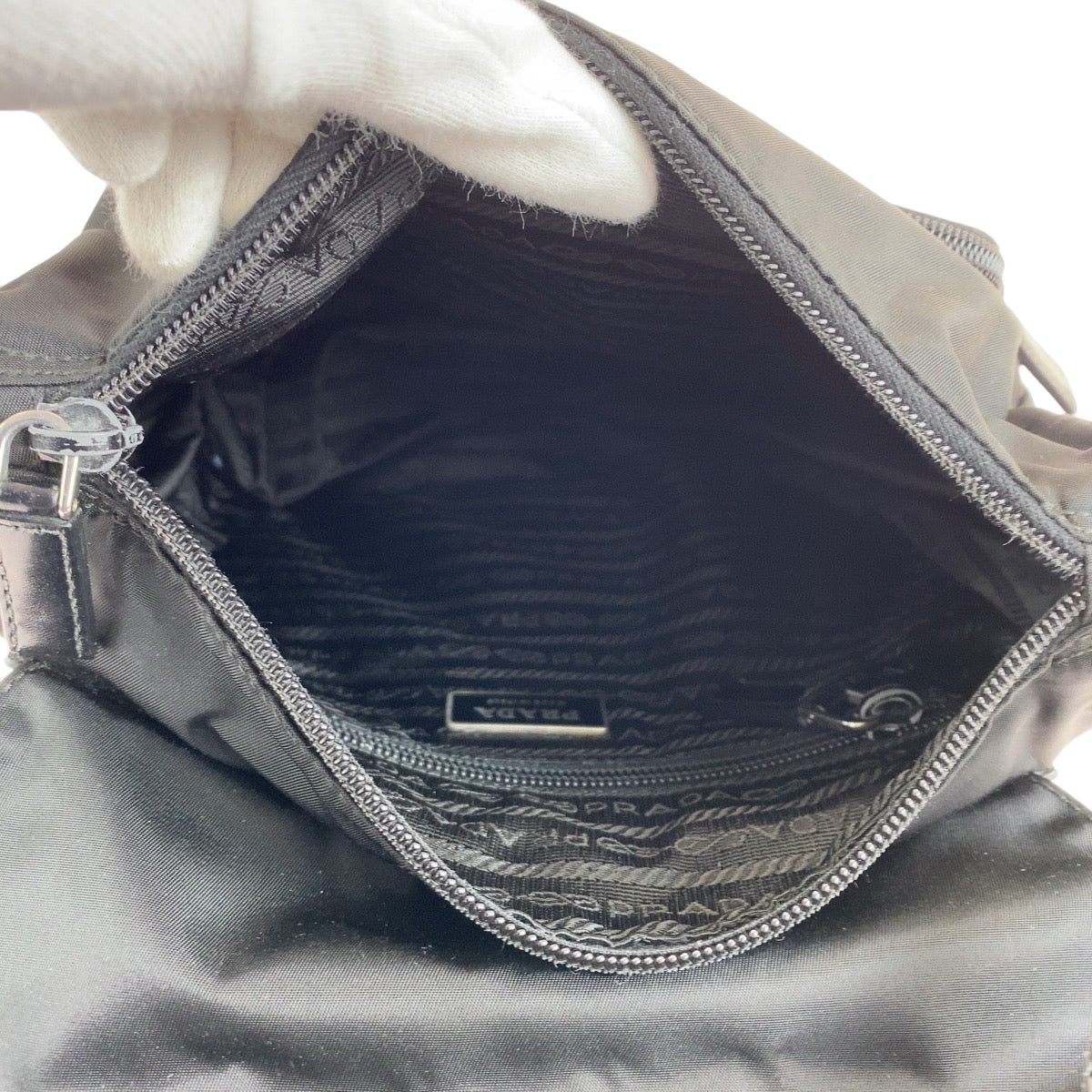 PRADA Shoulder Bag Nylon Black SilverMetal Shoulder Bag pochette Test Triangle With logo Women Used Authentic