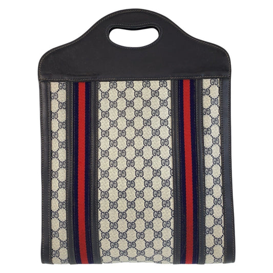 GUCCI Tote Bag GG Supreme canvas, leather Navy gray Tote Bag Sherry line Women Used Authentic