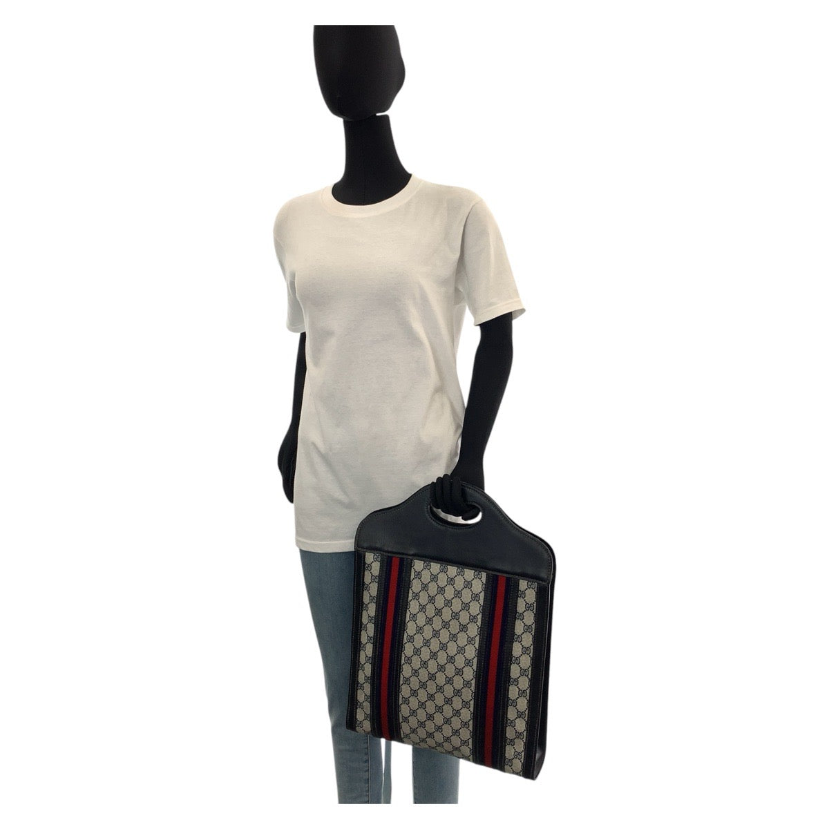 GUCCI Tote Bag GG Supreme canvas, leather Navy gray Tote Bag Sherry line Women Used Authentic