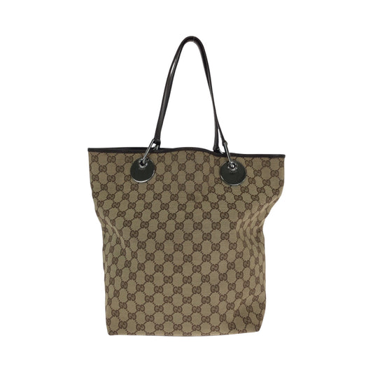 GUCCI Tote Bag 120836 GG canvas Beige Brown SilverMetal Tote Bag Shoulder Bag Women Used Authentic