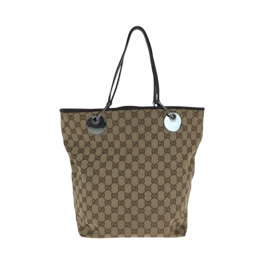 GUCCI Tote Bag 120836 GG canvas Beige Brown SilverMetal Tote Bag Shoulder Bag Women Used Authentic