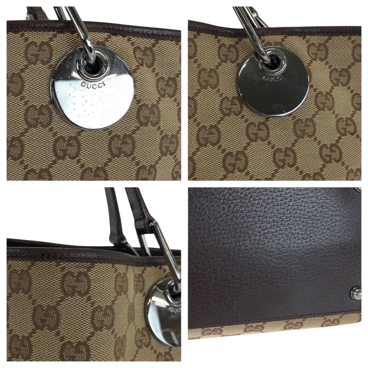 GUCCI Tote Bag 120836 GG canvas Beige Brown SilverMetal Tote Bag Shoulder Bag Women Used Authentic
