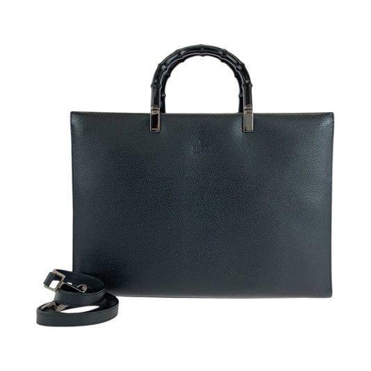 GUCCI Tote Bag 002 1034 leather Black SilverMetal Tote Bag Handbag Shoulder Bag 2way Bamboo Women Used Authentic