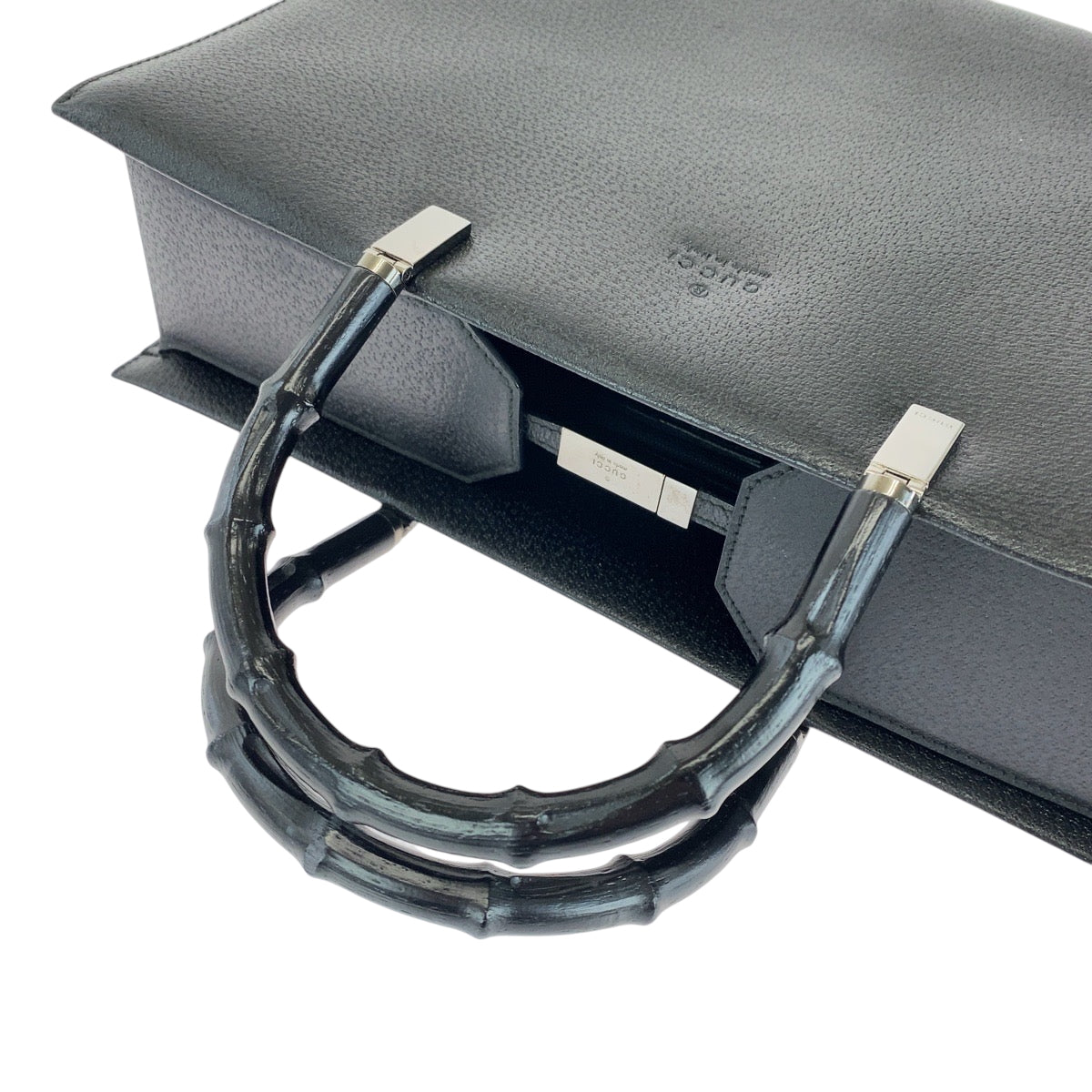 GUCCI Tote Bag 002 1034 leather Black SilverMetal Tote Bag Handbag Shoulder Bag 2way Bamboo Women Used Authentic