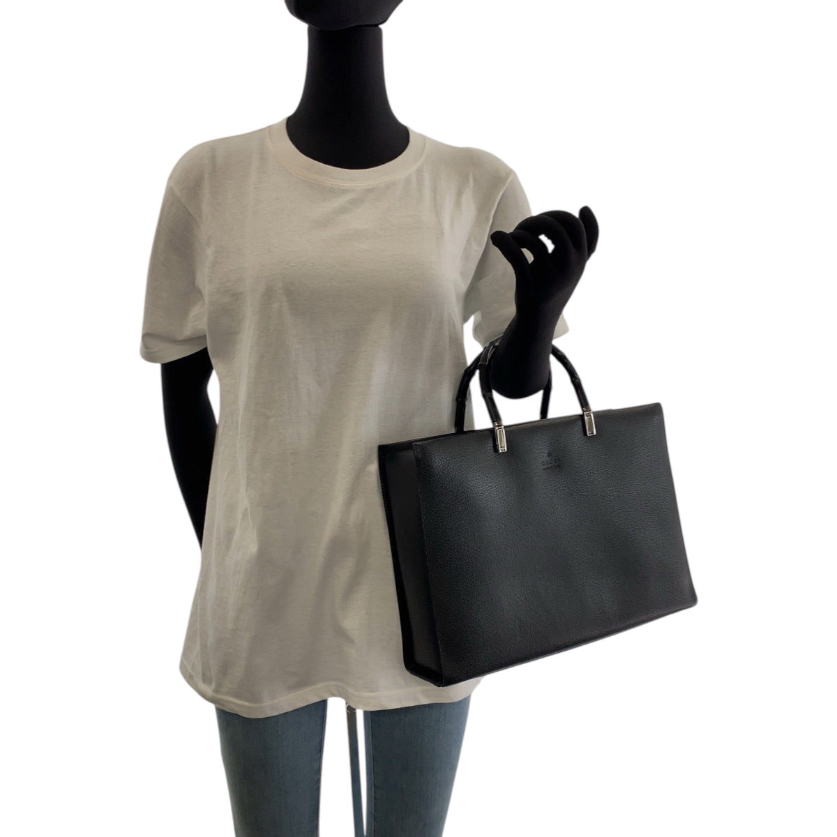 GUCCI Tote Bag 002 1034 leather Black SilverMetal Tote Bag Handbag Shoulder Bag 2way Bamboo Women Used Authentic