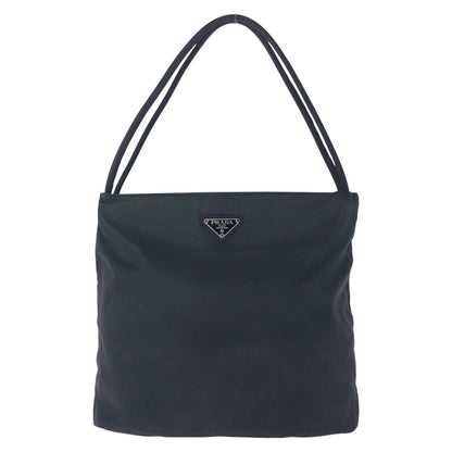 PRADA Tote Bag Nylon Black SilverMetal Tote Bag Shoulder Bag Test Triangle With logo Women Used Authentic