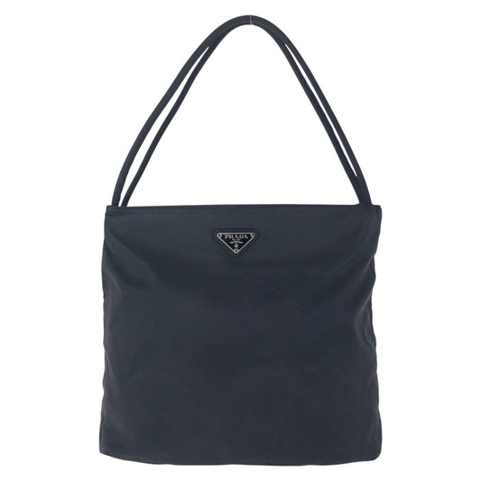 PRADA Tote Bag Nylon Black SilverMetal Tote Bag Shoulder Bag Test Triangle With logo Women Used Authentic
