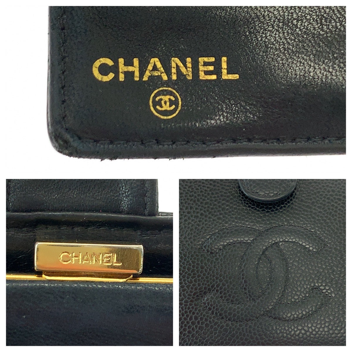 CHANEL Long Wallet Purse Caviar skin Black GoldMetal Long Wallet Purse COCO Mark Women Used Authentic