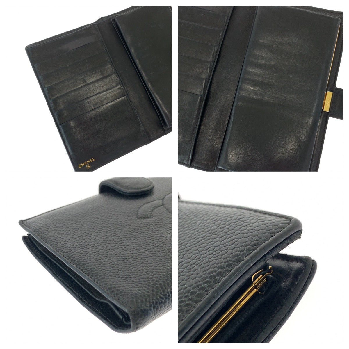 CHANEL Long Wallet Purse Caviar skin Black GoldMetal Long Wallet Purse COCO Mark Women Used Authentic
