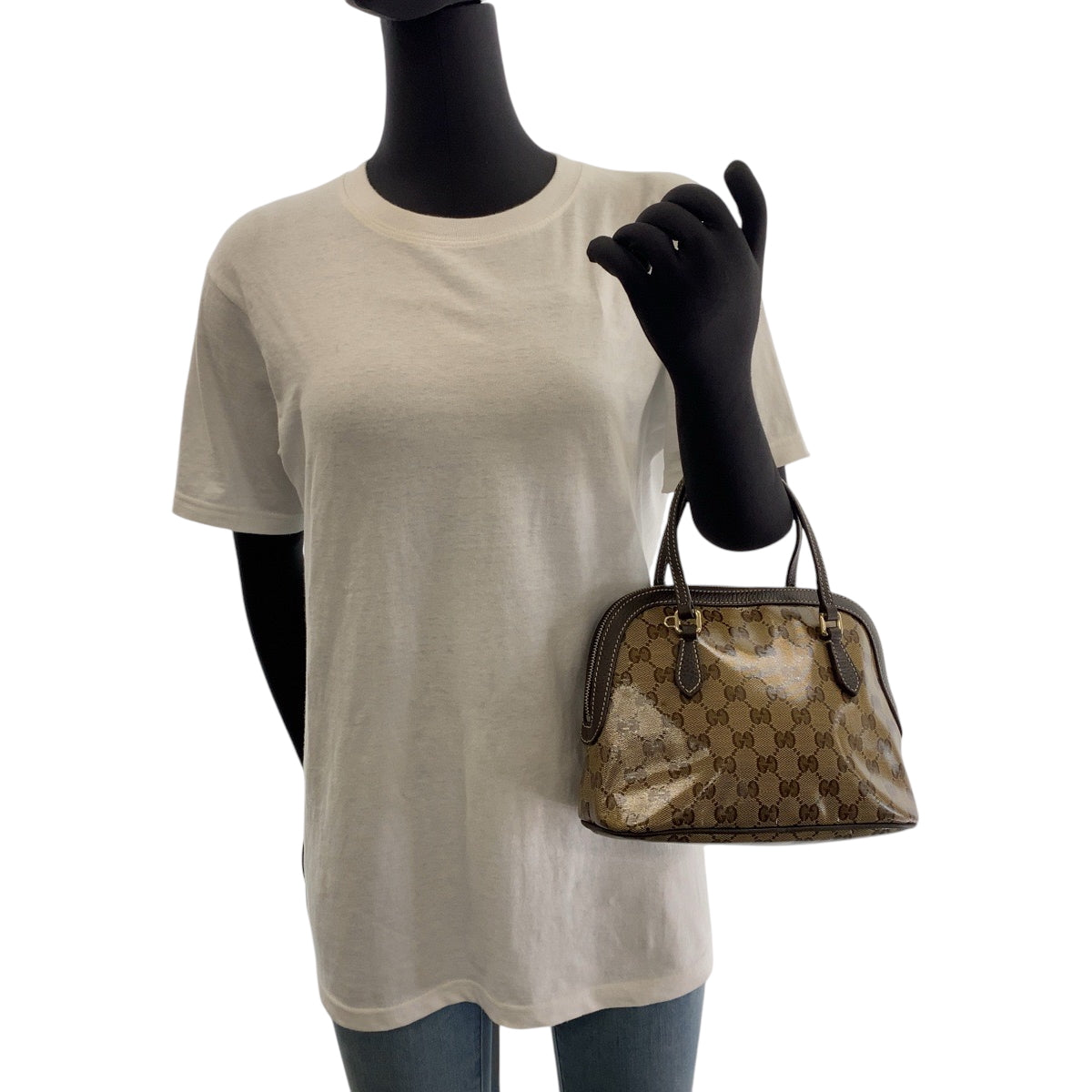GUCCI Handbag 351403 PVC Brown Beige Gold Metal Handbag GG crystal Women Used Authentic