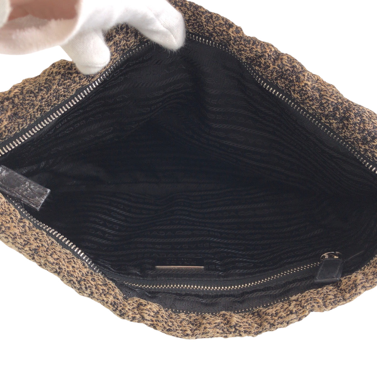 PRADA Clutch bag cotton Brown Gold Metal Clutch bag business bag logo Women Used Authentic