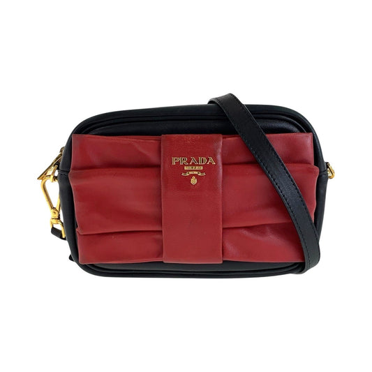 PRADA Shoulder Bag leather Red Black Gold Metal Shoulder Bag pochette ribbon Women Used Authentic