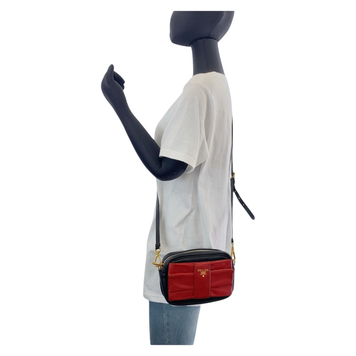 PRADA Shoulder Bag leather Red Black Gold Metal Shoulder Bag pochette ribbon Women Used Authentic