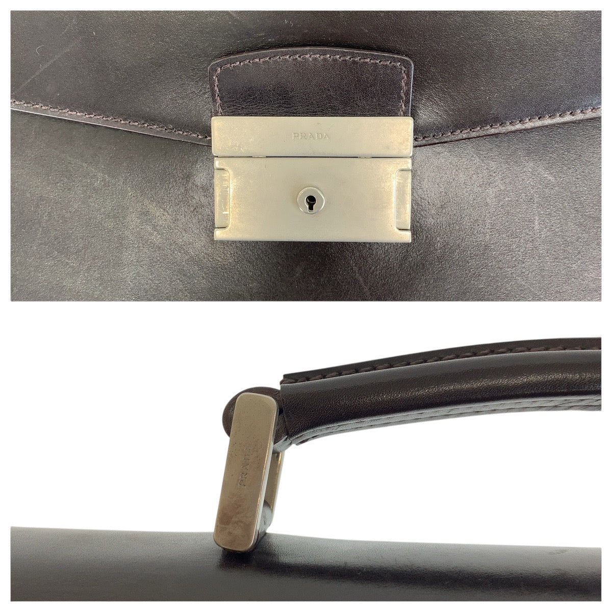 PRADA Business bag leather Brown Silver Metal Business bag briefcase mens Used Authentic