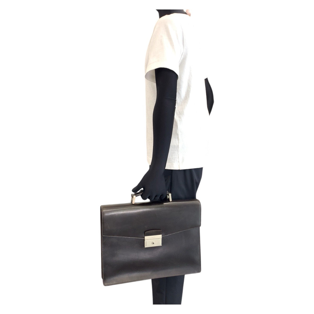 PRADA Business bag leather Brown Silver Metal Business bag briefcase mens Used Authentic