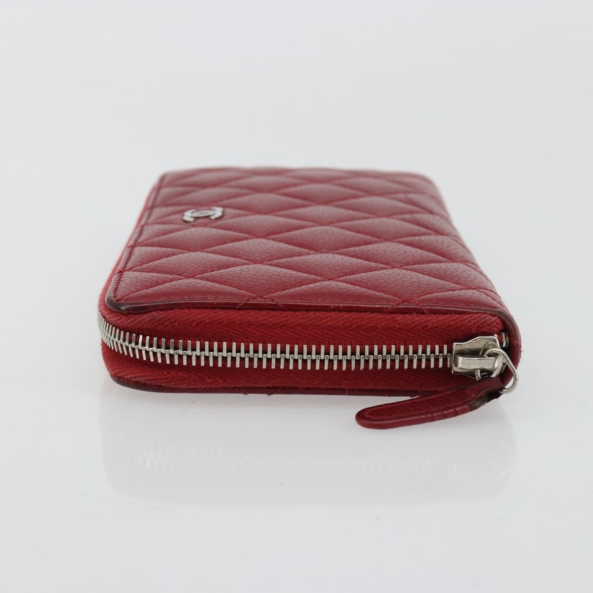 CHANEL Matelasse Long Wallet Caviar Skin Red Silver CC